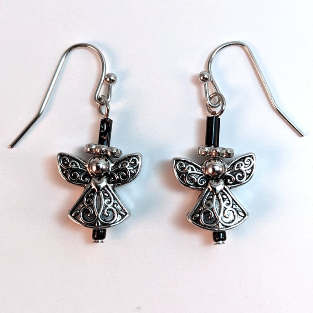 Handmade Angel Fairy Drop Earrings Black Silver Metal Gothic Ethereal Fairycore